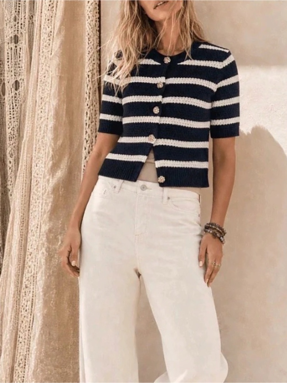 J.Crew Crochet short-sleeve cardigan in stripe Blue & White